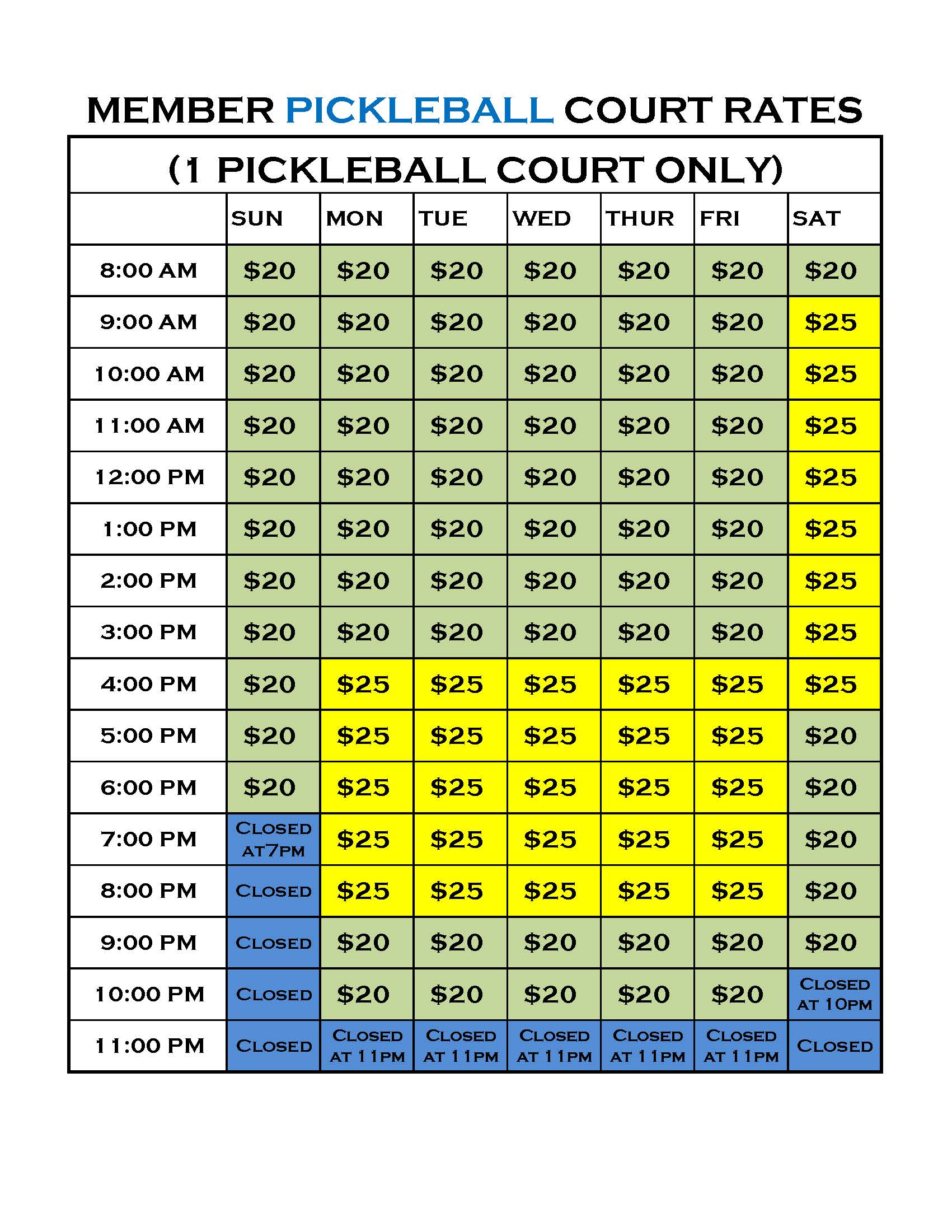 Peachtree member pickleball court rates by day and time