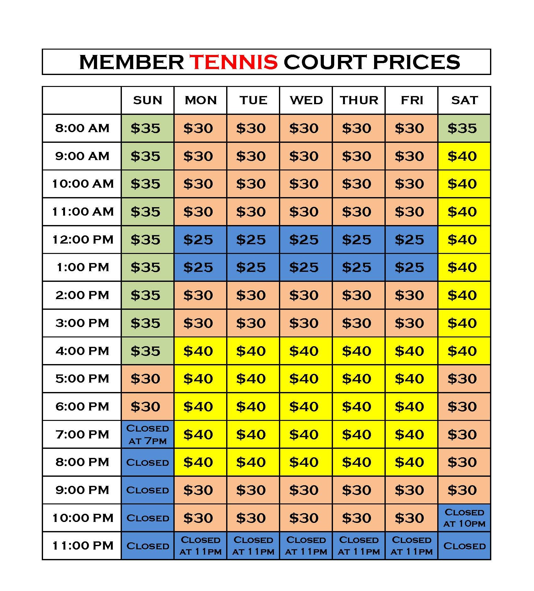 Peachtree Tennis Club member tennis court prices by day and time